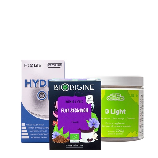 [Kit00291] Slimming Set ( INSTANT COFFEE FLAT STOMACH ( Chicory ) + MED GUMMIES B Light + Provillus Hydro Off )